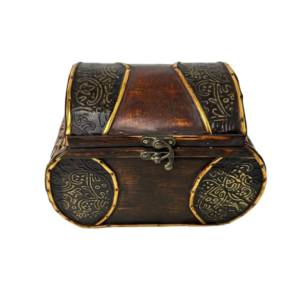 Vintage Wooden Metal Wicker Trinket Box with Lid and Latch